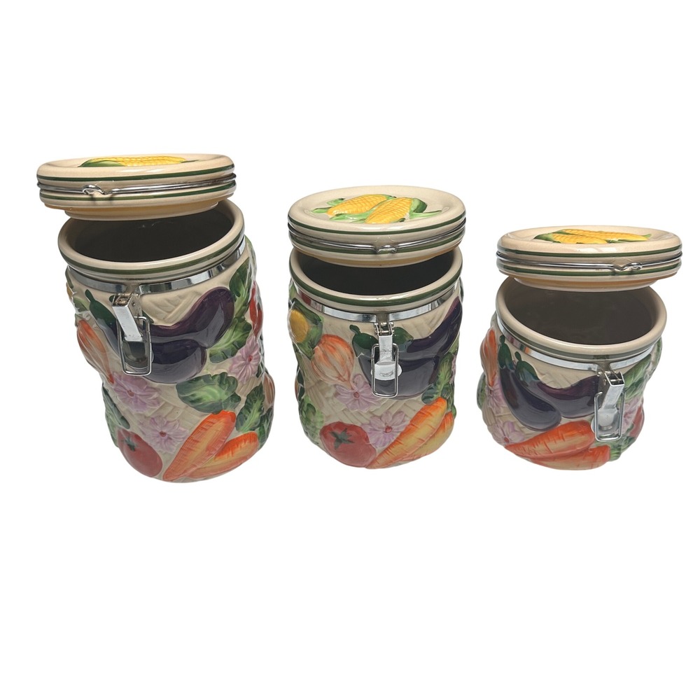 Vintage Gourmet Home Accents Ceramic Canister 3 pc Set Sculpted Fruit Colorful - Picture 14 of 16